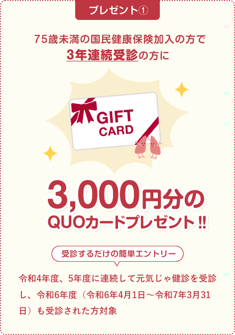 \ 75歳未満の国民健康保険加入の方で3年連続受診の方に /3,000円分のQUOカードプレゼント‼受診するだけの簡単エントリー。
                                令和4年度、5年度に連続して元気じゃ健診を受診し、令和6年度（令和6年4月1日～令和7年3月31日）も受診された方対象